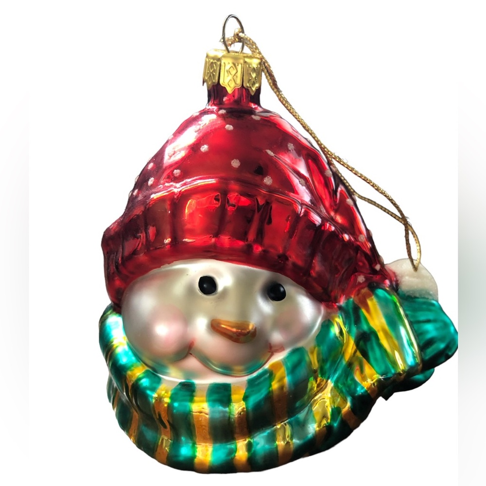 Blown Glass Snowman with Green Striped Scarf and Red Hat Christmas Tree Ornament